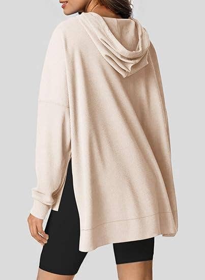 Waffle Knit Side Split Pullover With Pockets