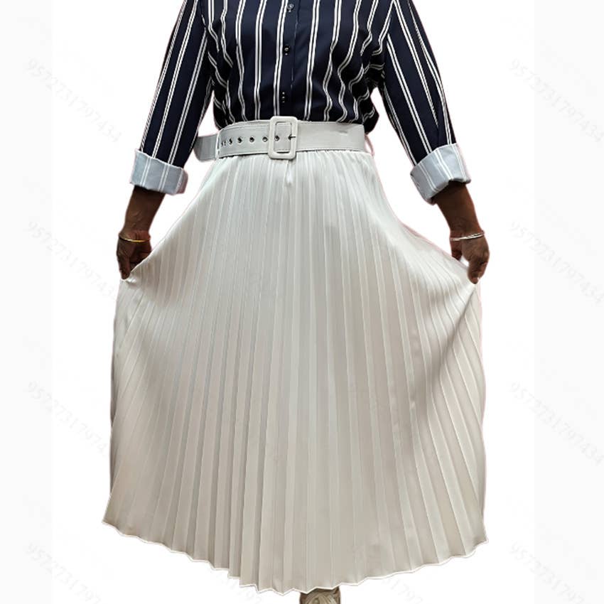 Solid-Color Fashionable Belt Pleated Skirt