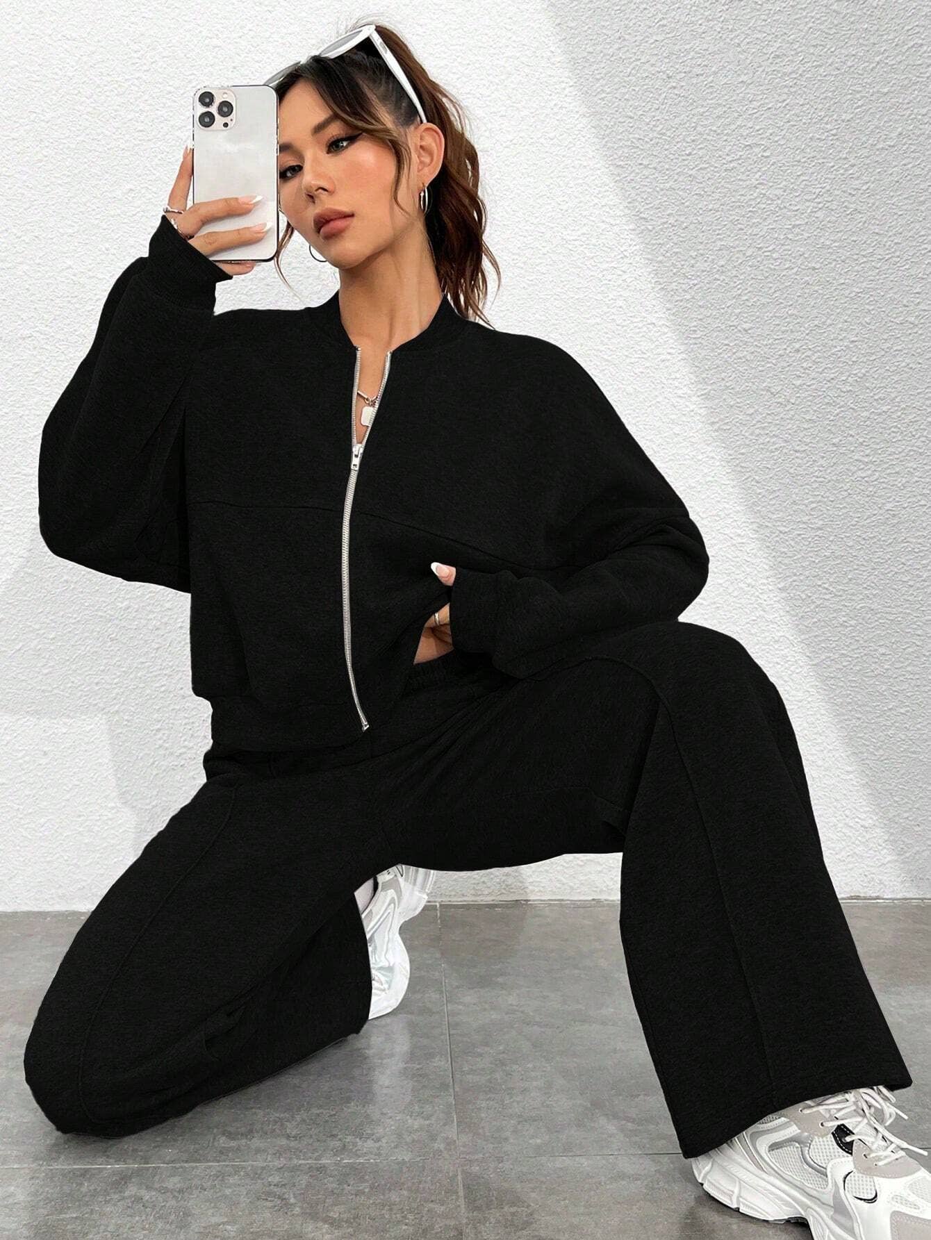 Two-Piece Set Of Zippered Cardigan And Trousers