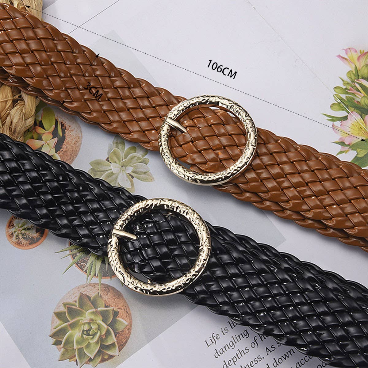 METAL ROUND BUCKLE PATENT LEATHER BRAIDED WIDE BELT_CWMM0765