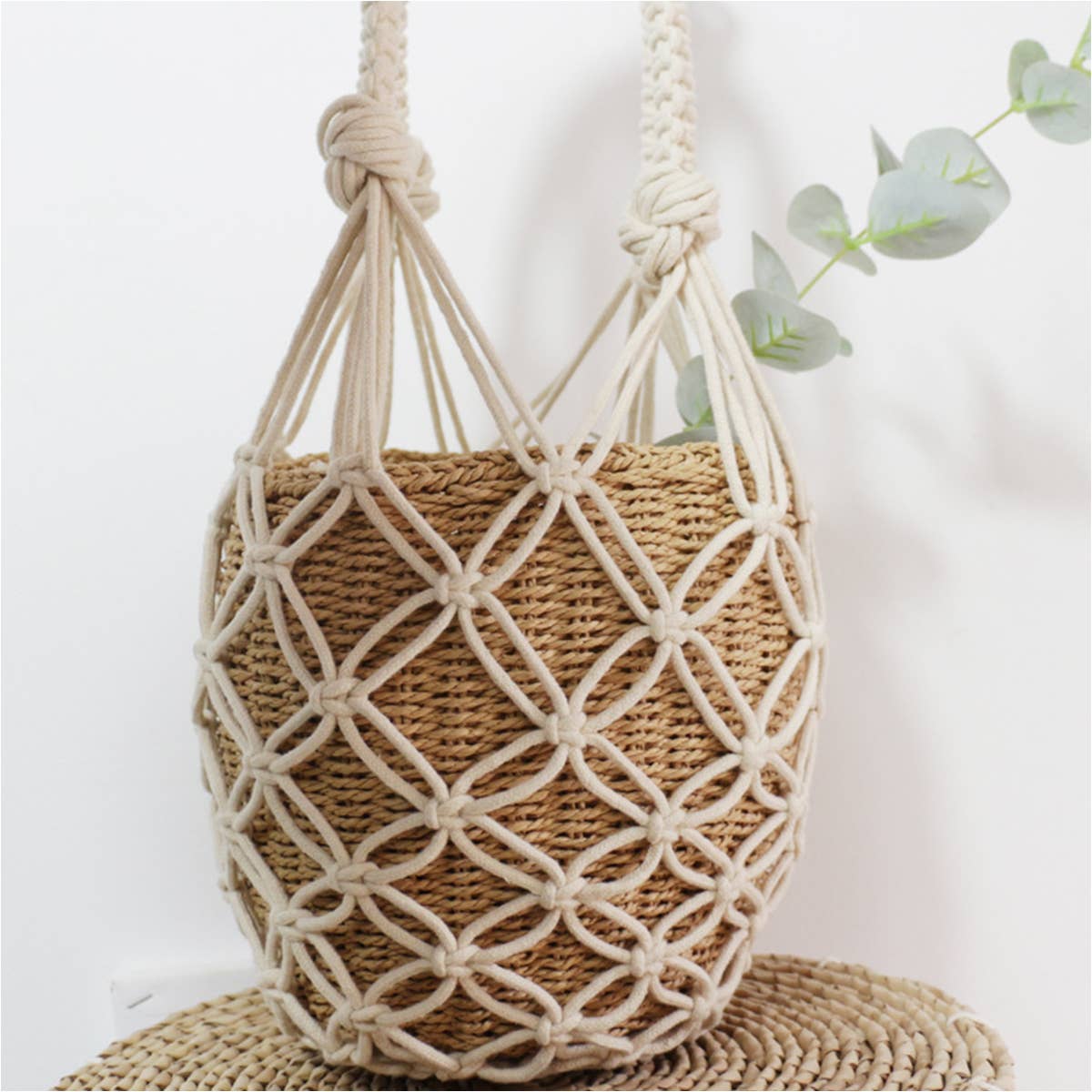 Women  Straw Rattan Beach Bucket Bag_Cwab0827