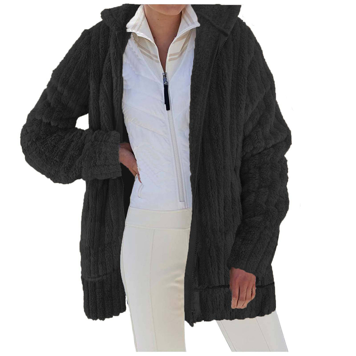 Warm Plush Mid-Length Coat With Solid Lapels