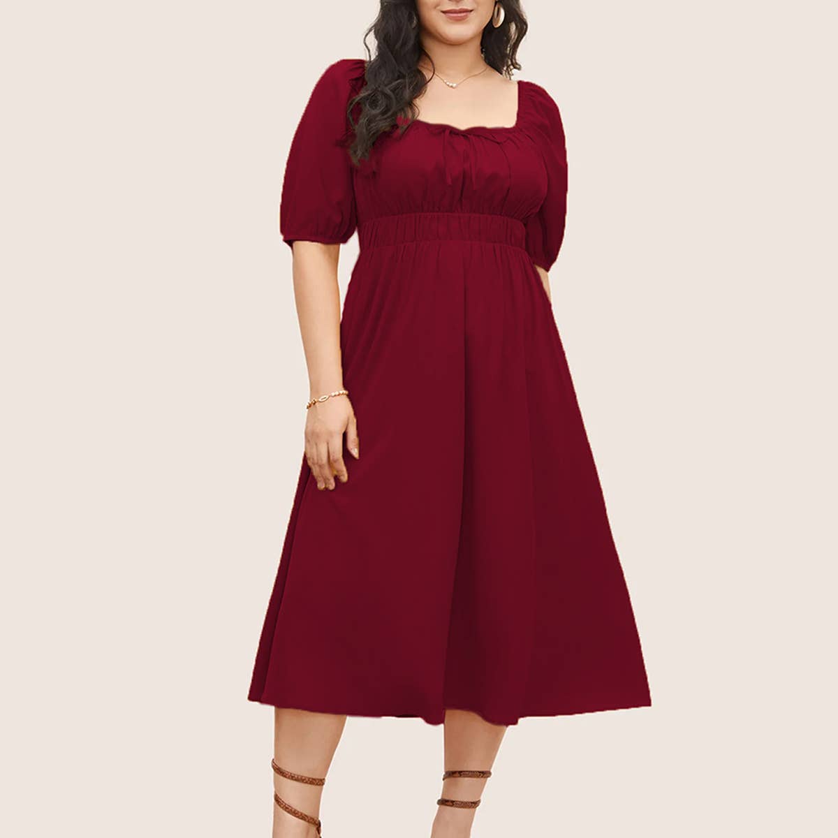 SUMMER PUFF SLEEVE MIDI DRESS WITH POCKETS_CWDMD6037