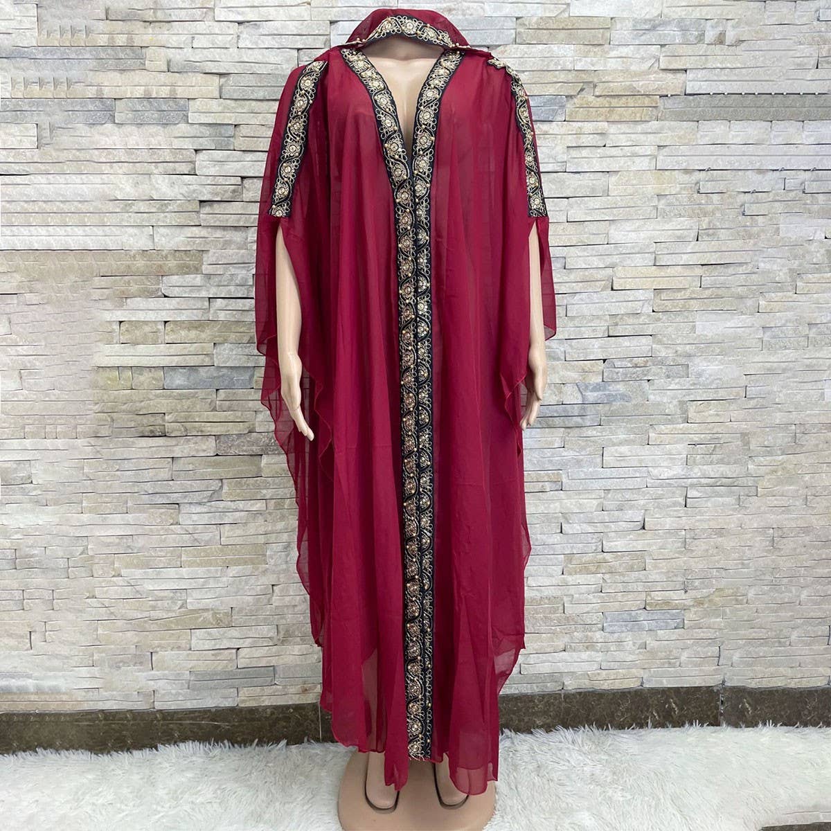 EMBROIDERED CHIFFON HOODED ABAYA CAPE_CWMM6146