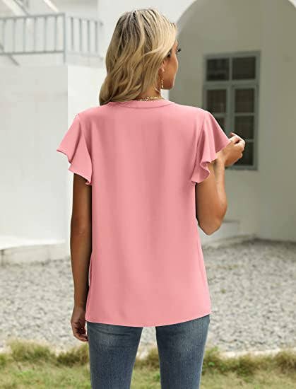 V-Neck Fly Sleeve Short Sleeve Solid Color Top