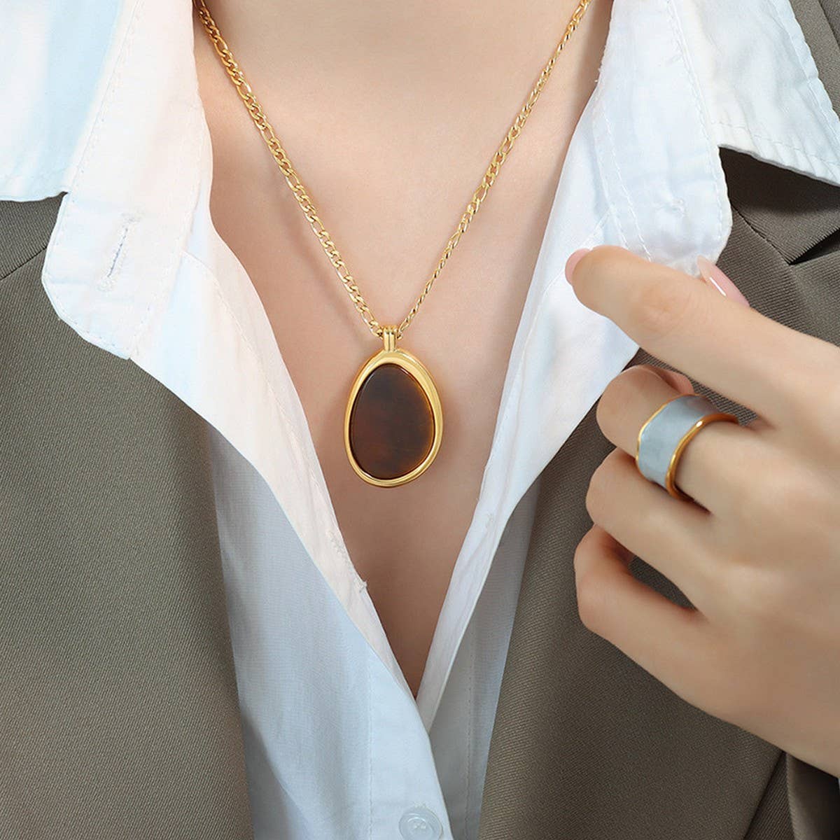 Tiger Eye Stone Pendant Titanium Steel Necklace