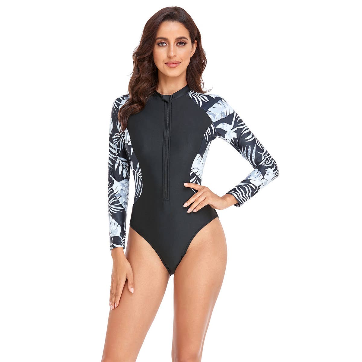 MULTICOLOR PRINTED ONE PIECE ZIP UP SWIMSUIT_CWMW0296