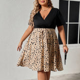 PLUS SIZE V NECK TIE WAIST RUCHED PATCHWORK DRESS_CWDMD5978