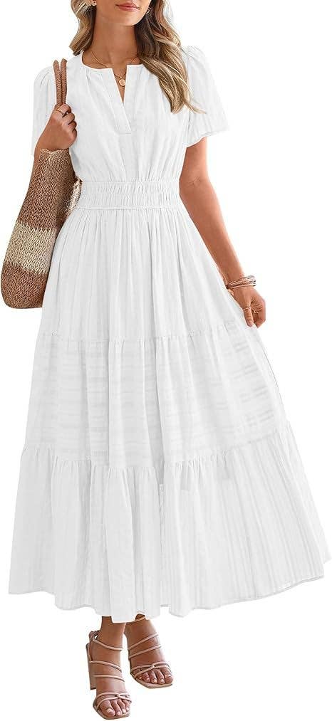 V-Neck Pleated Puffy Sleeve Short Sleeved Dress