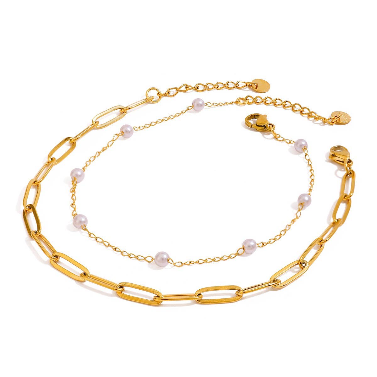 18K GOLD DOUBLE LAYER PEARL PAPERCLIP ANKLET_CWAJE4849