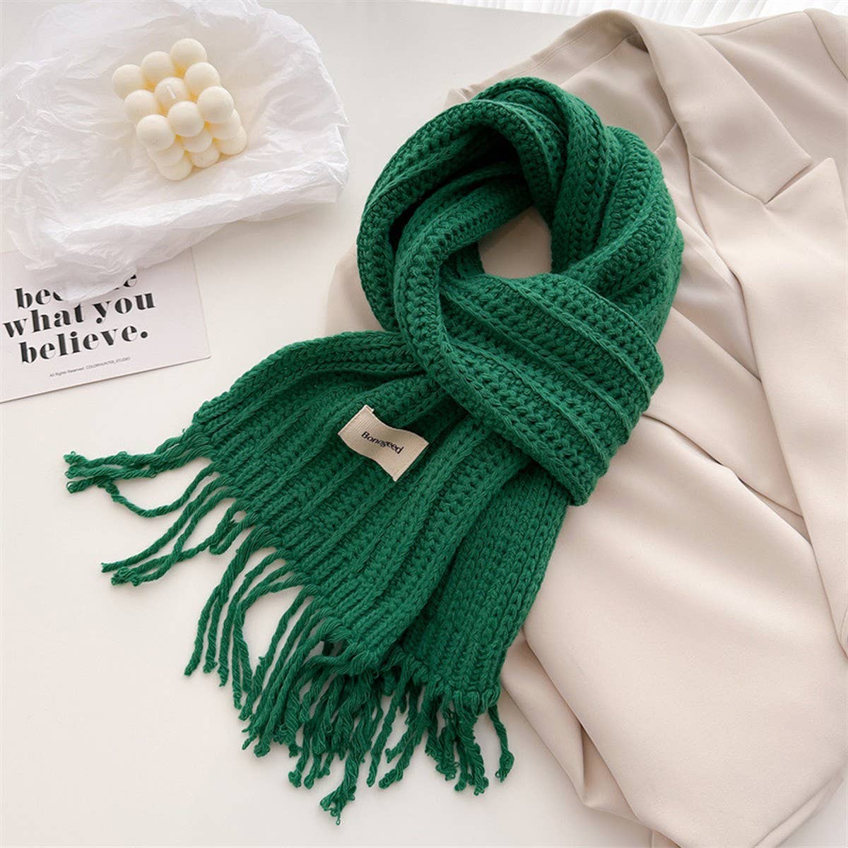 CABLE KNIT WOOL SCARF WITH TASSELS FOR WOMEN_CWASC2756