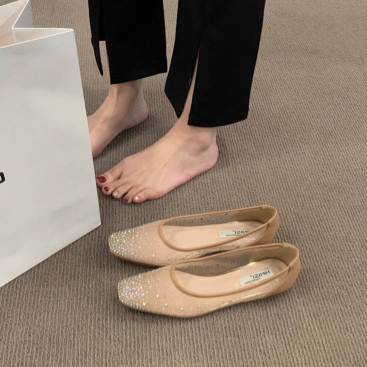 FLAT SQUARE TOE RHINESTONE BREATHABLE FAIRY FLATS_CWSHF0122