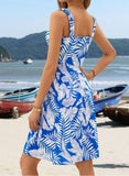 Square-Collar Pleated Halter Top Printed Dress