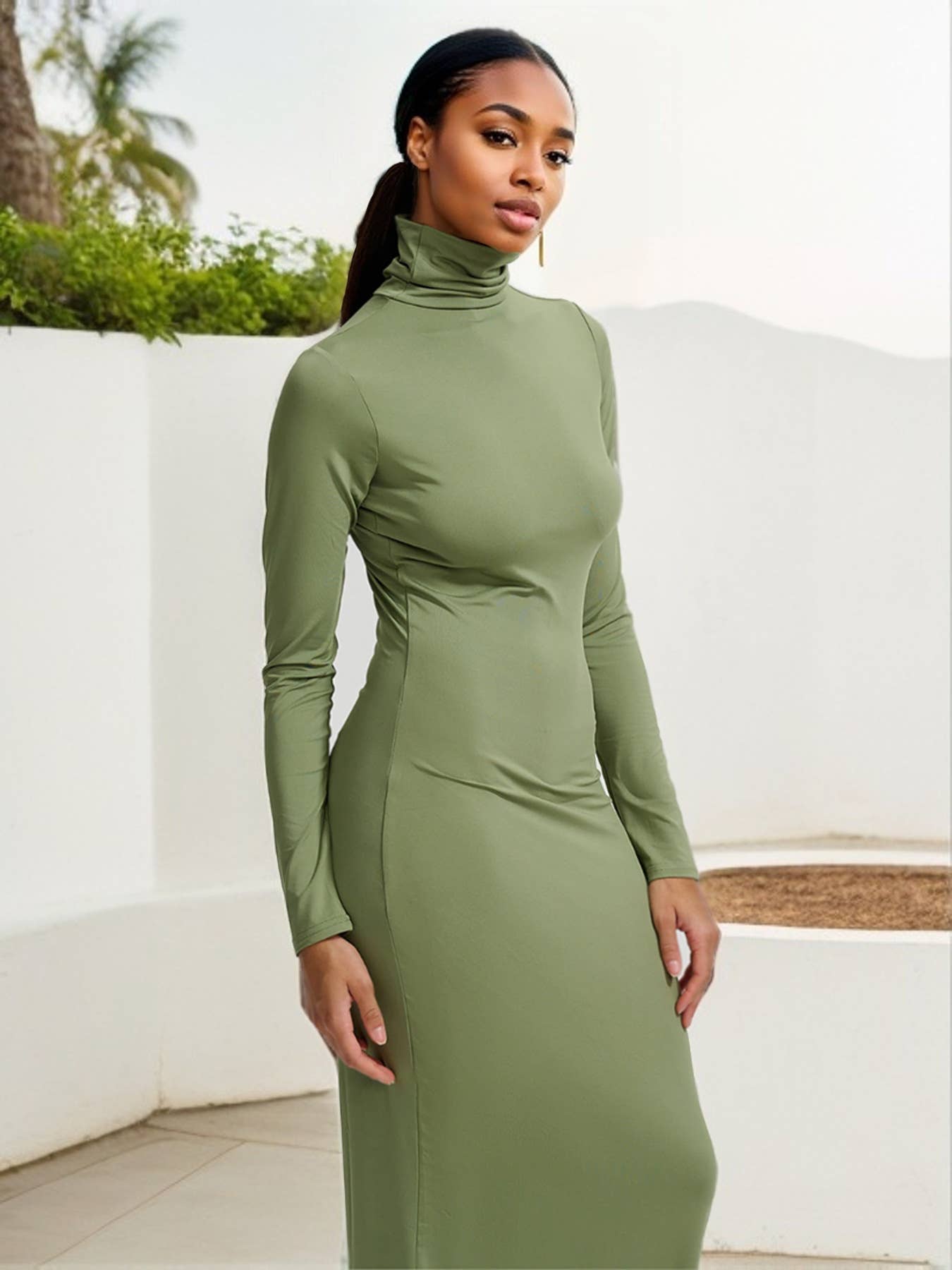 Stylish Solid Color Long Sleeves High Neck Dress
