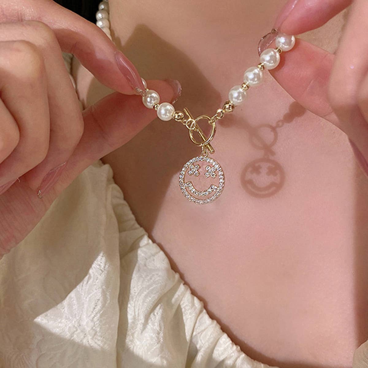 ALL MATCH PEARL HEART SMILEY FACE NECKLACE_CWAJE2443