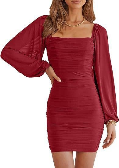 Square-Neck Long-Sleeved Pleated Tight Dress