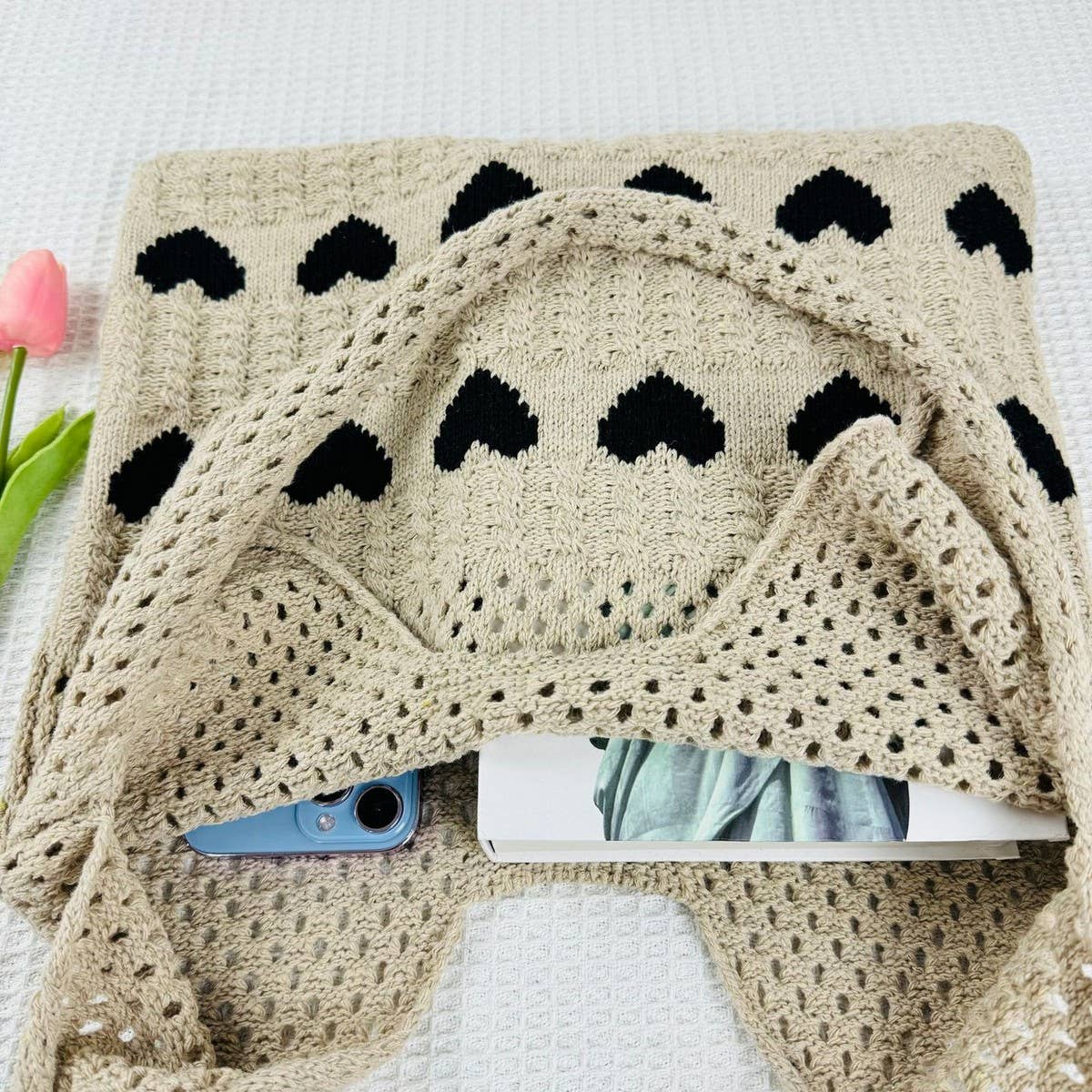 Cwab5068_Heart Pattern Woven Bag Large Capacity Tote Bag