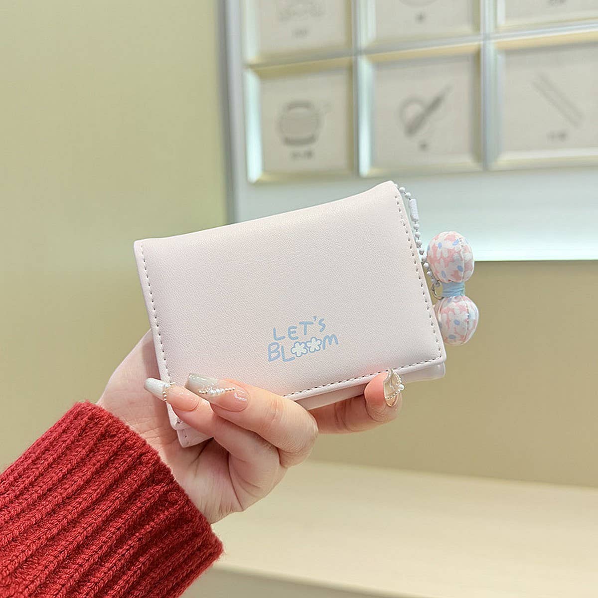 Cute Bow Pendant Floral Mini Trifold Wallet_Cwab06217