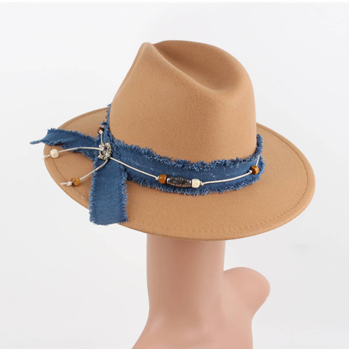 Womens Denim Blue Fabric Band Panama Hat_Cwah1878