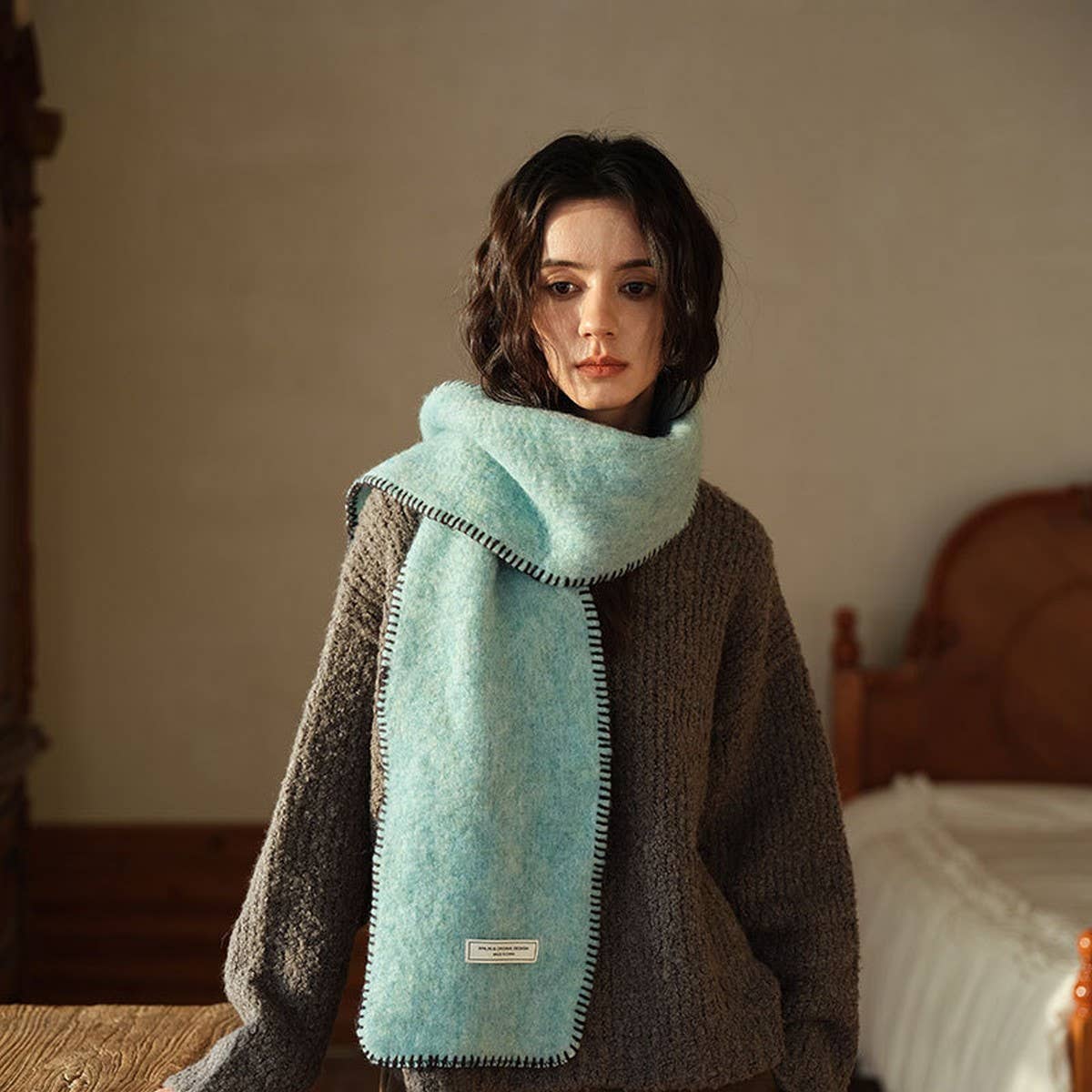 SOLID WOOL BLEND KNIT SCARF COLOR BLOCKED TRIM_CWASC2291