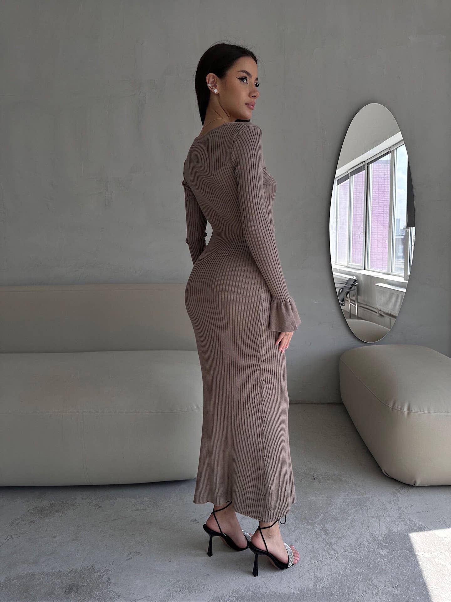 Solid Color Pit Strip Long Knit Slim-Fit Dress