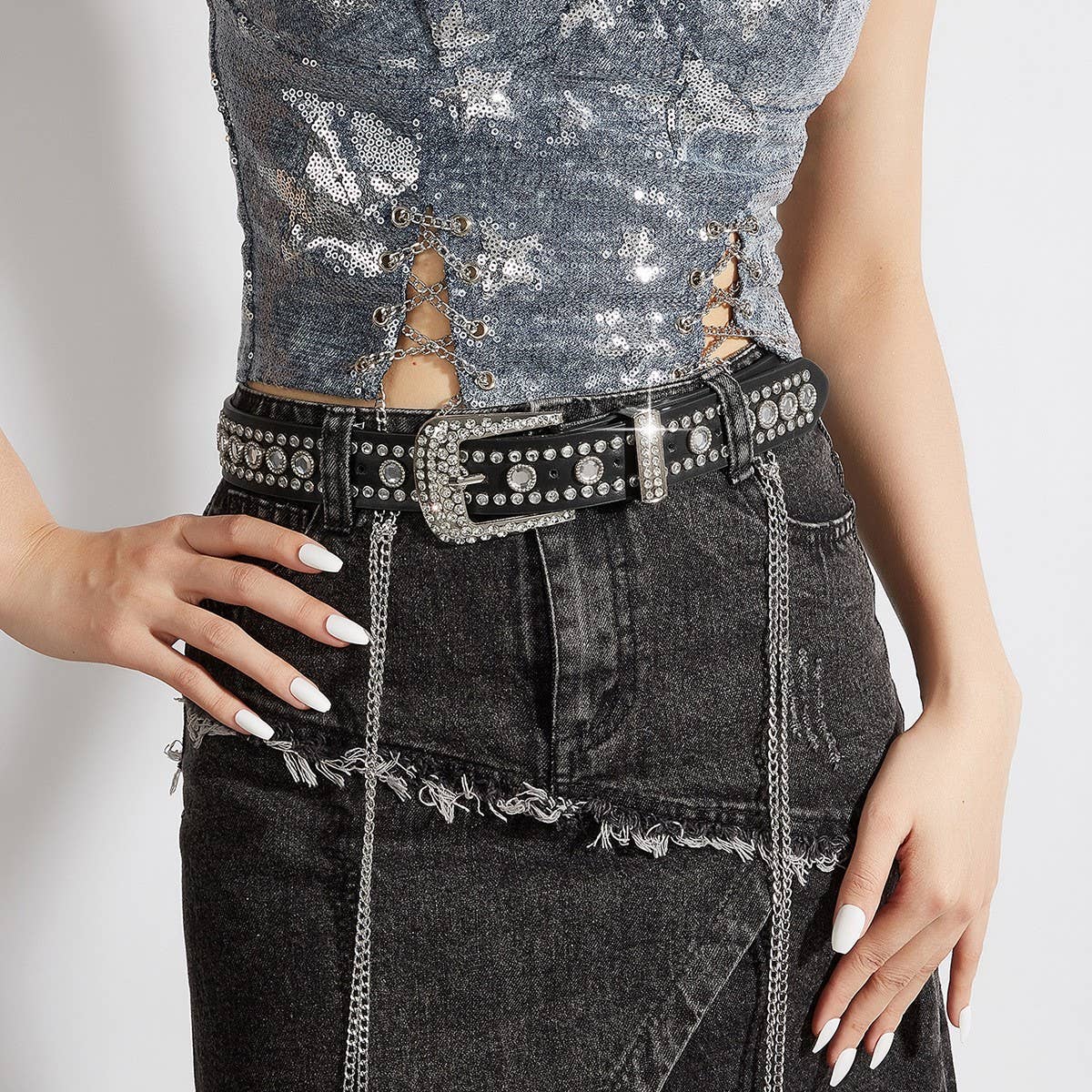 Cwabe0564_Punk Style Studded Rhinestone Belt