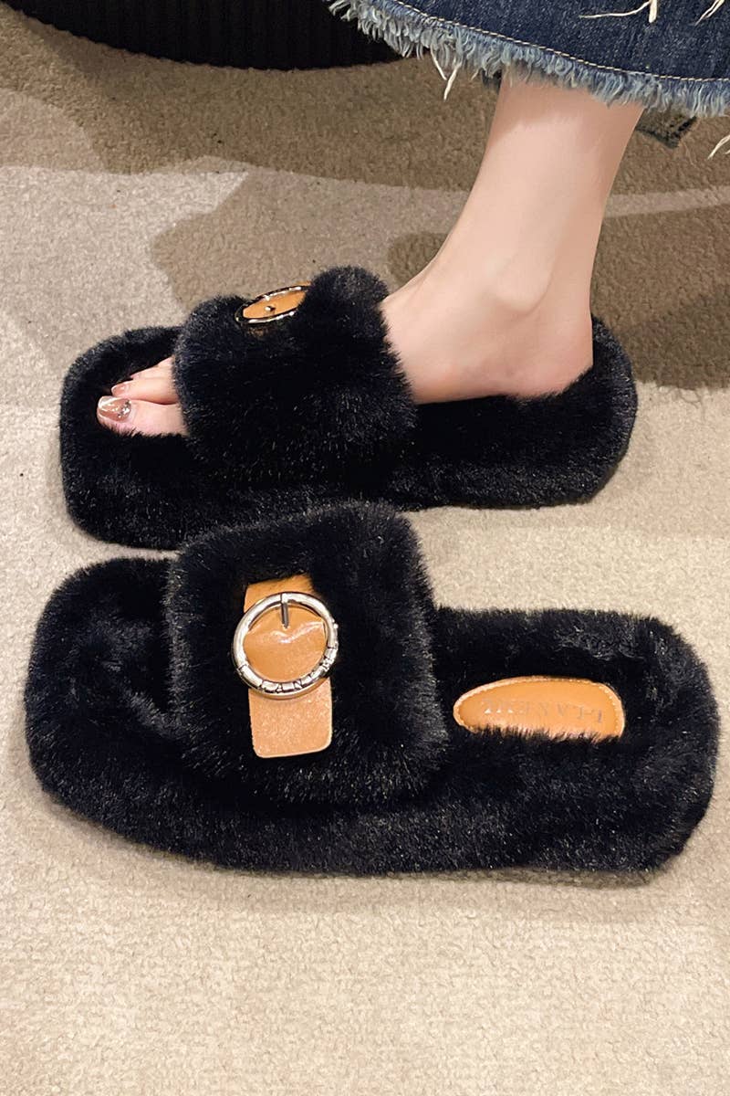 BUCKLE DECOR CRISS CROSS FLUFFY BEDROOM SLIPPERS_CWSHS0224