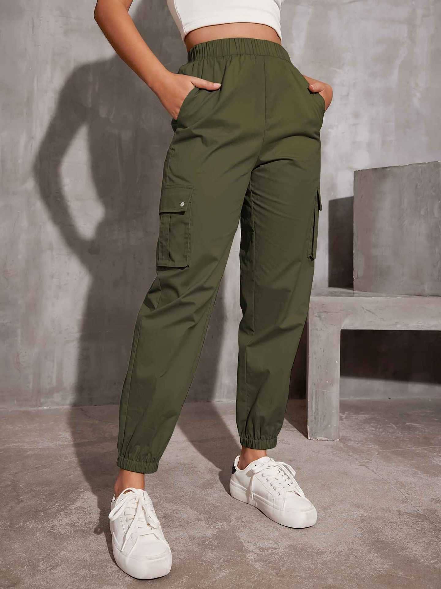 Solid Color Multi-Pocket Casual Cargo Pants Woman