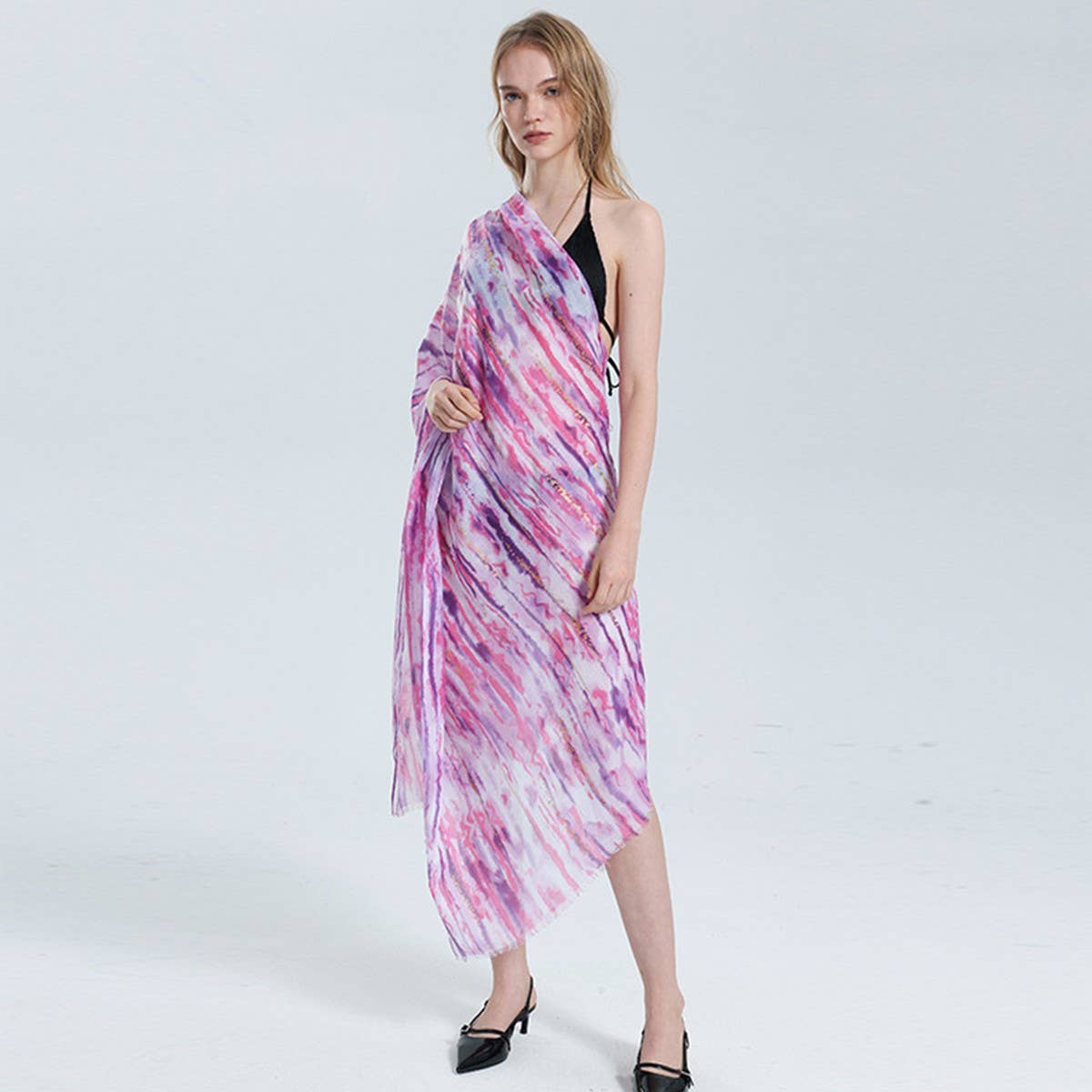 COLOR LINE PRINT SCARF GOLD ACCENT BEACH WRAP_CWASC0686