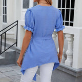 V-Neck Lace Jacquard Lace Up Short Sleeved Dress