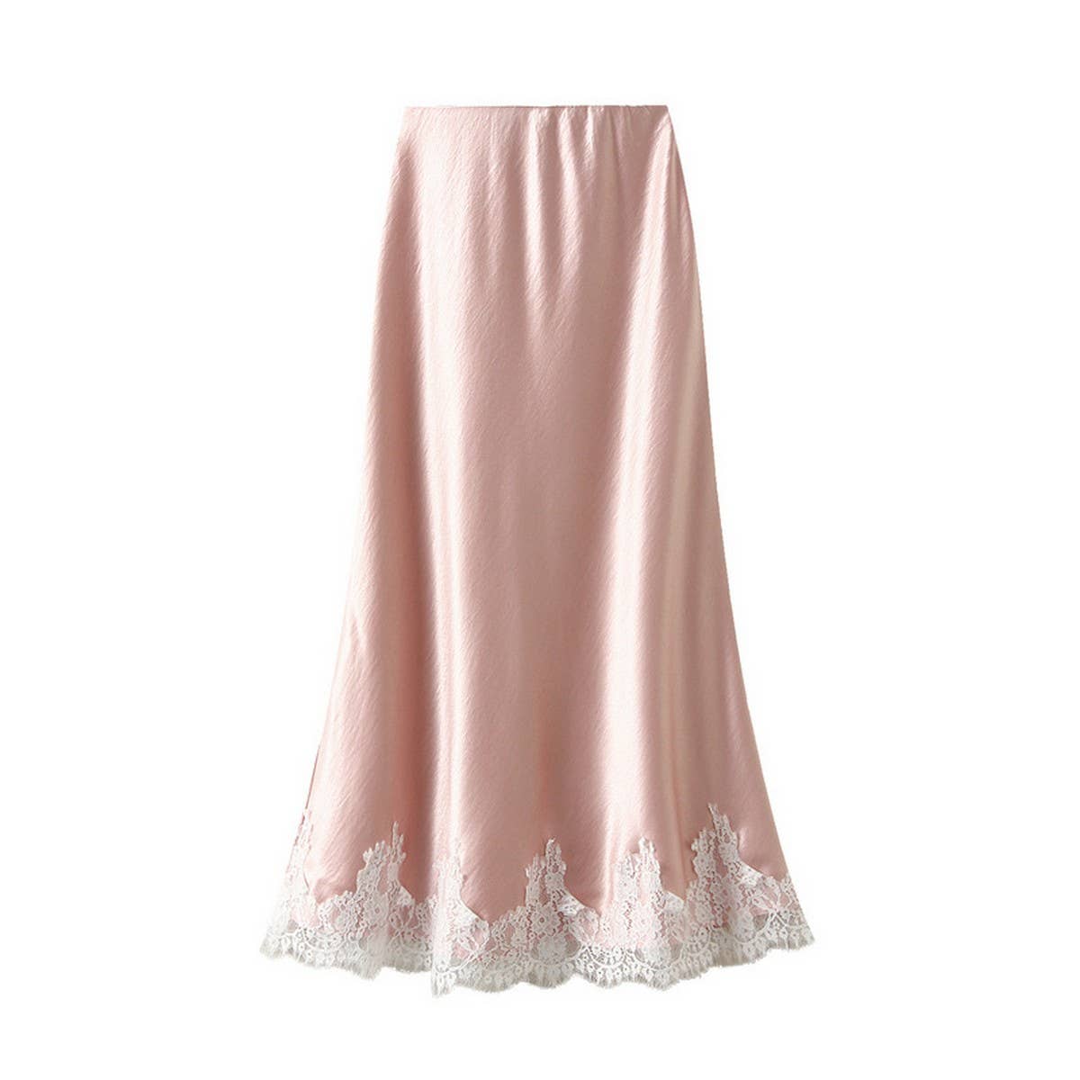 LACE TRIMMED SATIN A LINE MIDI SKIRT WITH DRAPING_CWBMS0327