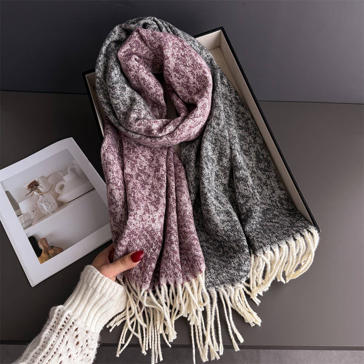 Colorblock Cashmere Feel Soft Warm Tassel Scarf_Cwasc03242