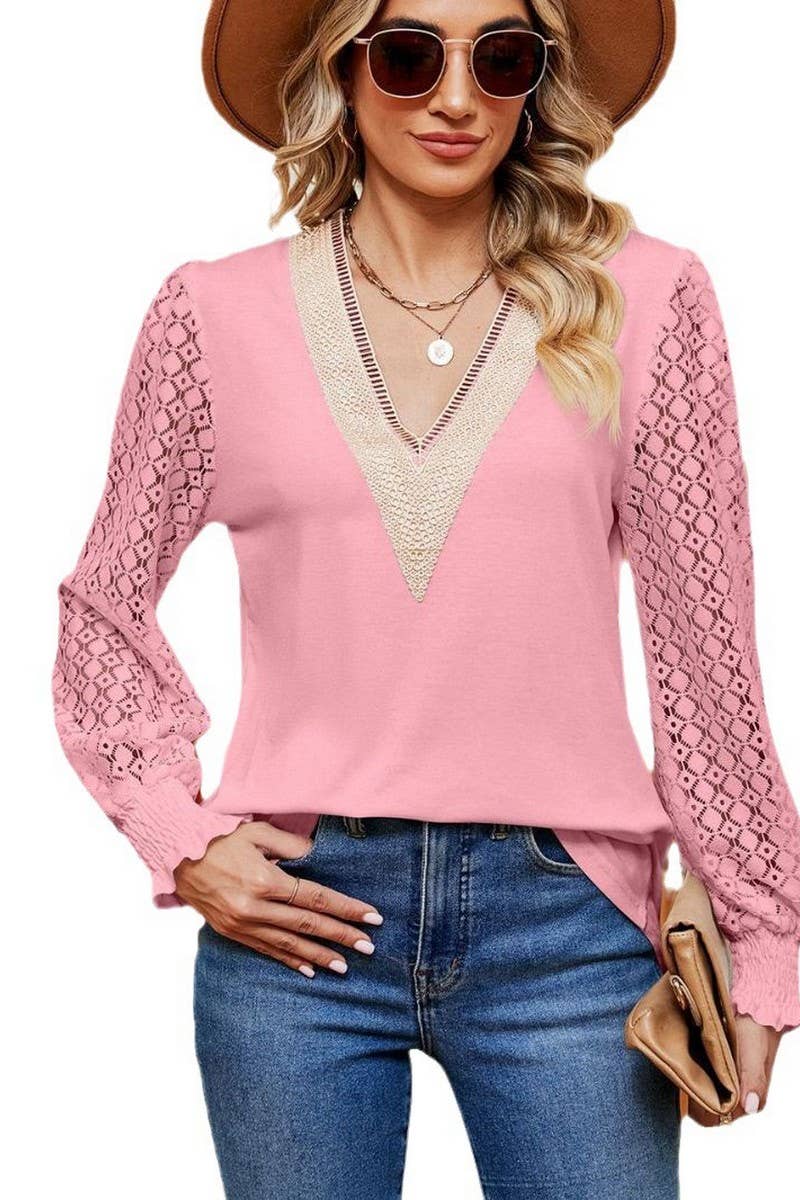 Cwtbll2401_V-Neck Lace Stitching Long-Sleeved Casual Top