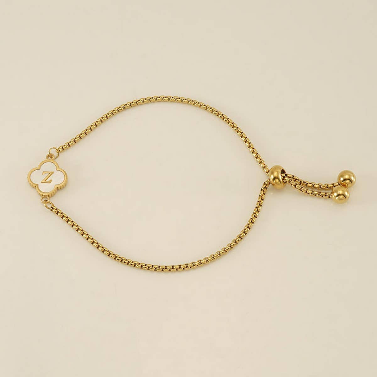 Cwaje1959_Adjustable Four Leaf Clover Letter Shell Bracelet