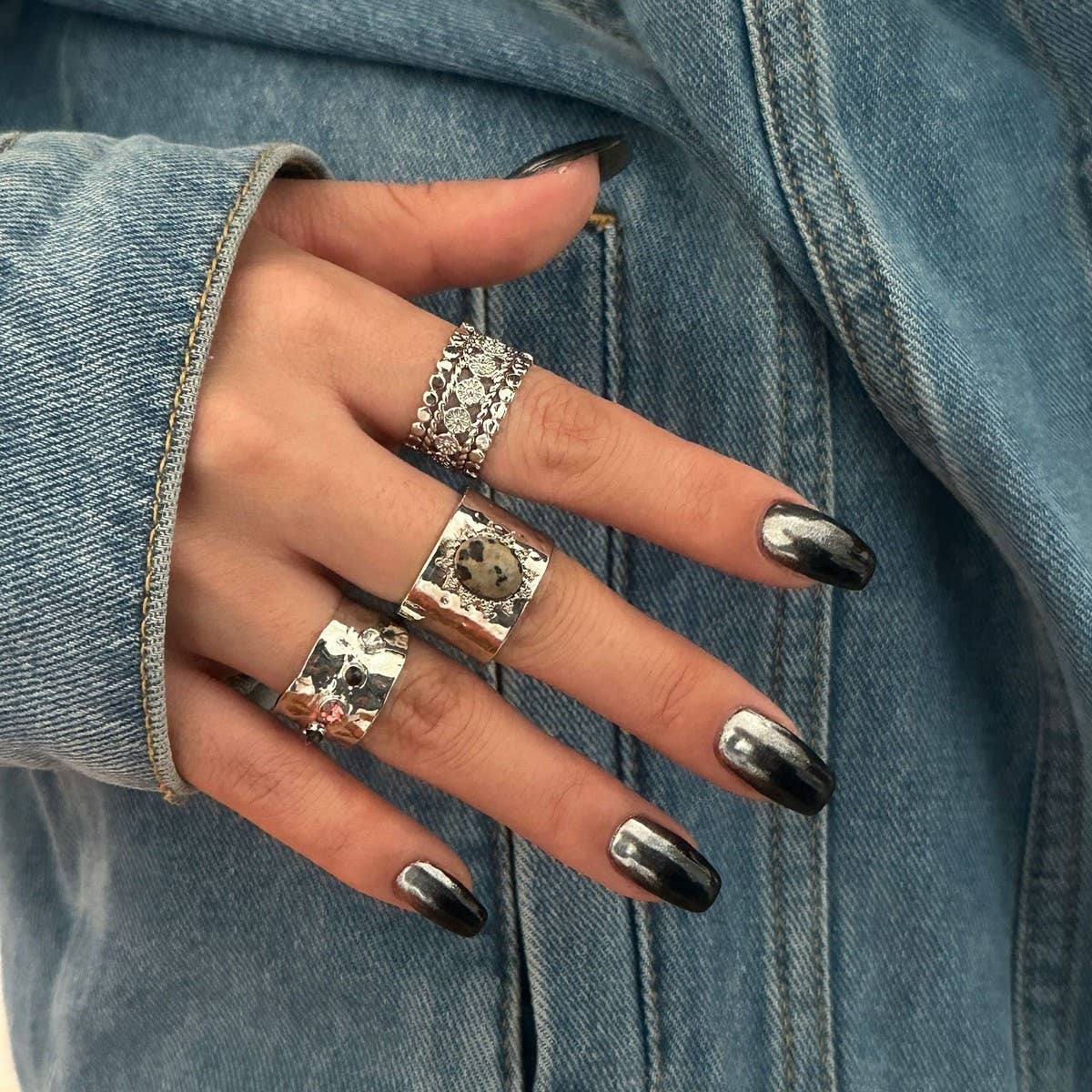 FASHIONABLE METALLIC PLEATED KNUCKLE RING SET_CWMM3239