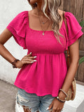 Solid-Color Cable-Lined Puffed-Sleeve T-Shirt