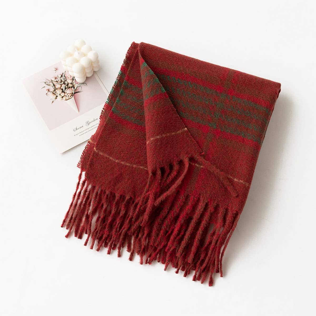 PLAID TASSEL SCARF SOFT WARM FAUX CASHMERE WRAP_CWASC0997