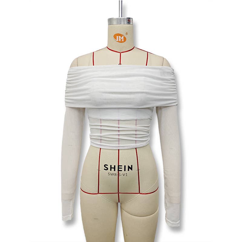 Solid Color Fit Line Neck Gauze Long Sleeve Top