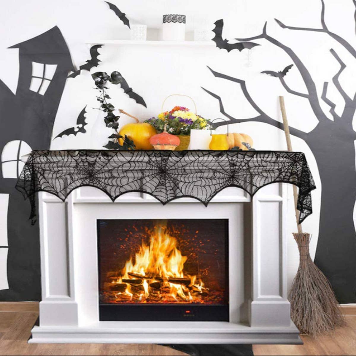 HALLOWEEN FIREPLACE LACE SKULL TABLE RUNNER_CWMM1730