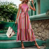 Striped Print Dress With Sleeveless Lace Halter