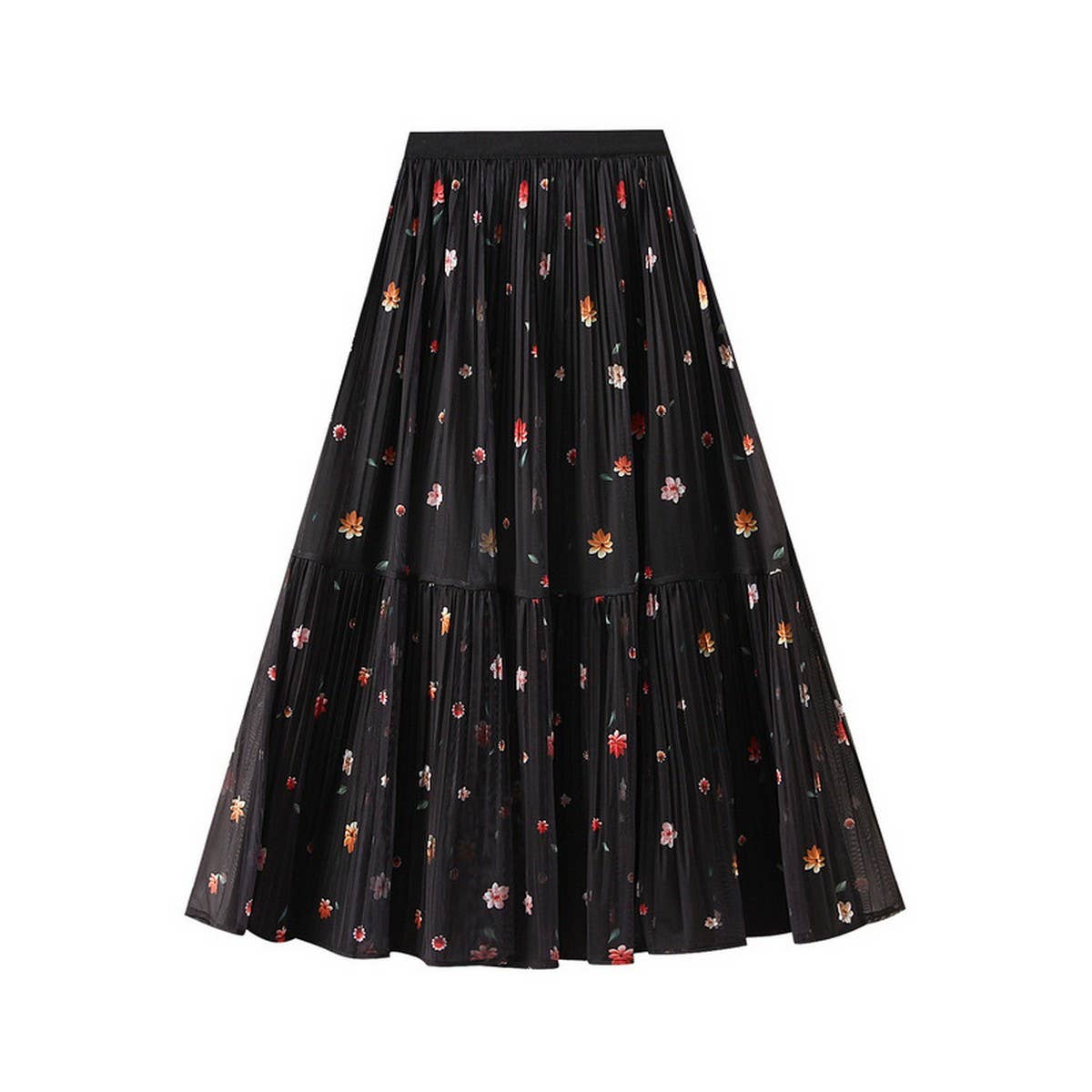 REVERSIBLE FLORAL MESH PLEATED MIDI SKIRT_CWBMS0346