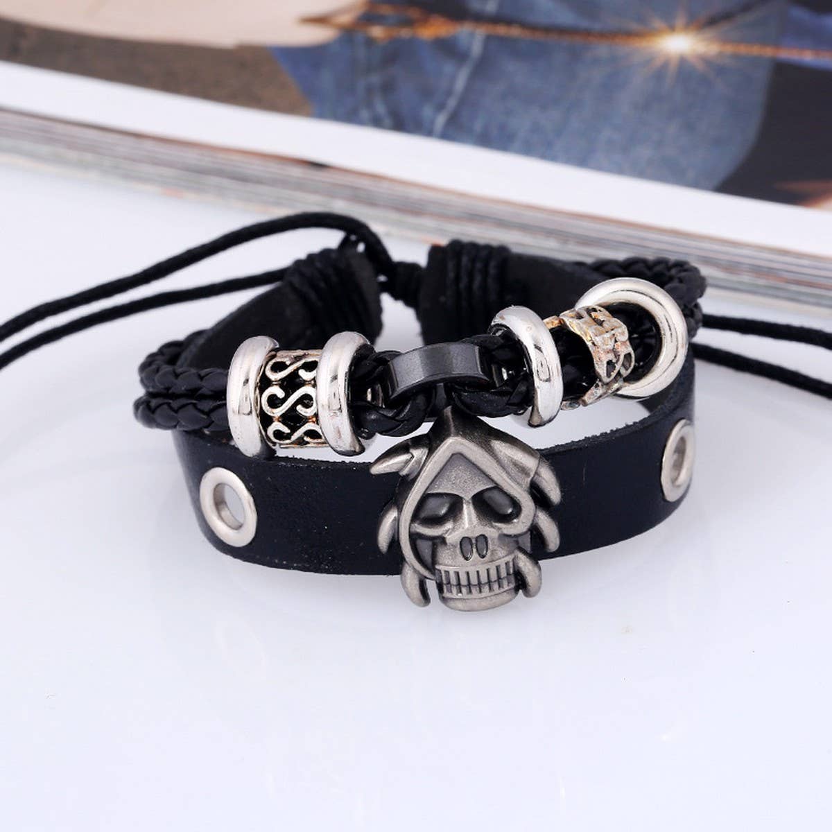 NEW BEADED SKULL BRAIDED LEATHER BRACELET_CWMM4519
