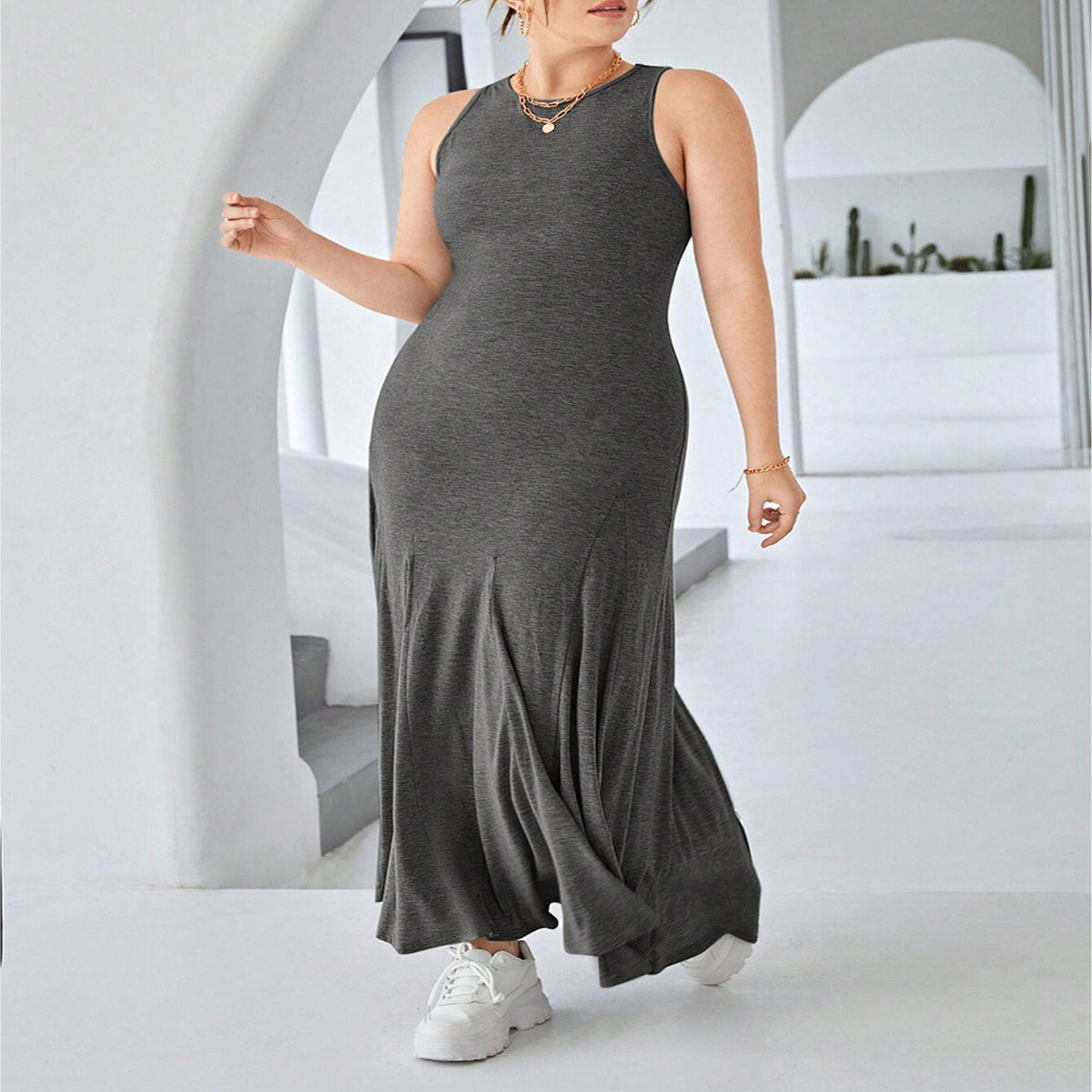 CHIC SLEEVELESS ROUND NECK HIGH WAIST DRESS_CWDMD6049