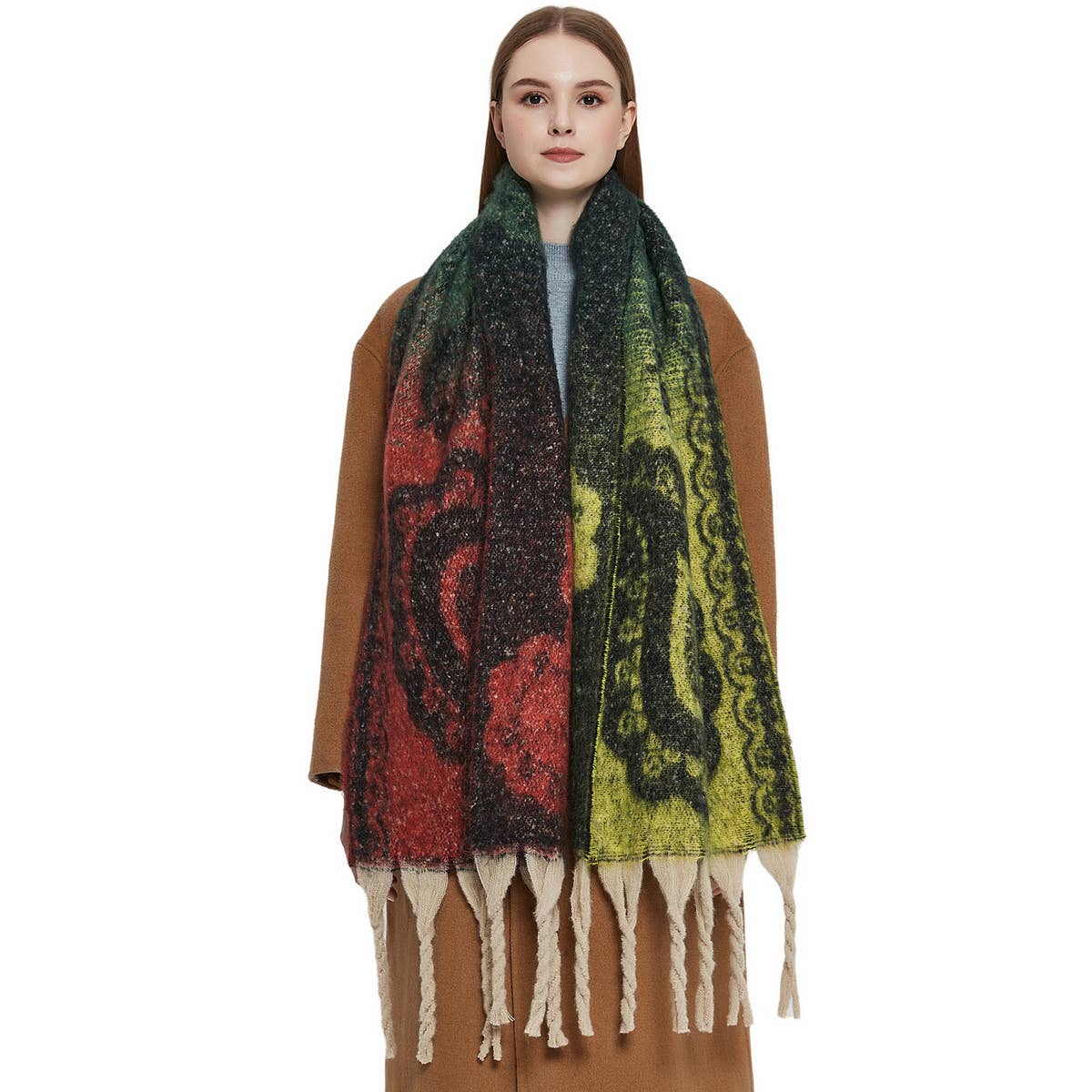 PAISLEY JACQUARD SCARF THICK FRINGE WINTER SHAWL_CWASC0857