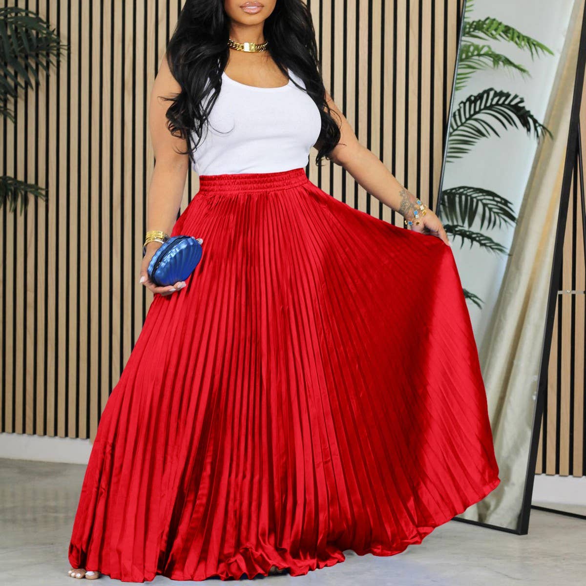 PLUS SIZE MID HIGH WAIST PLEATED LONG SKIRT_CWDMD3676