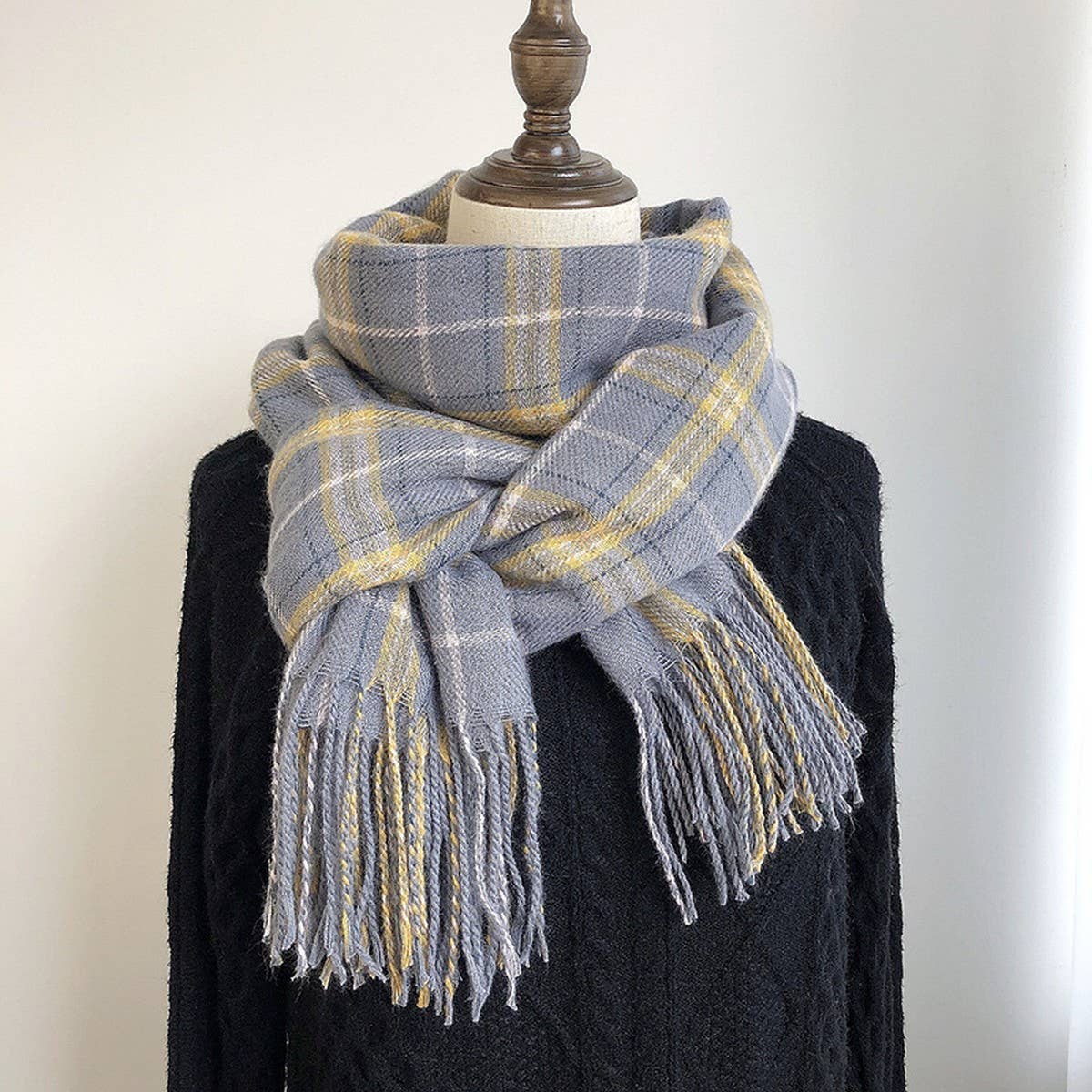PLAID FAUX CASHMERE SCARF COZY FRINGE WINTER WRAP_CWASC1459