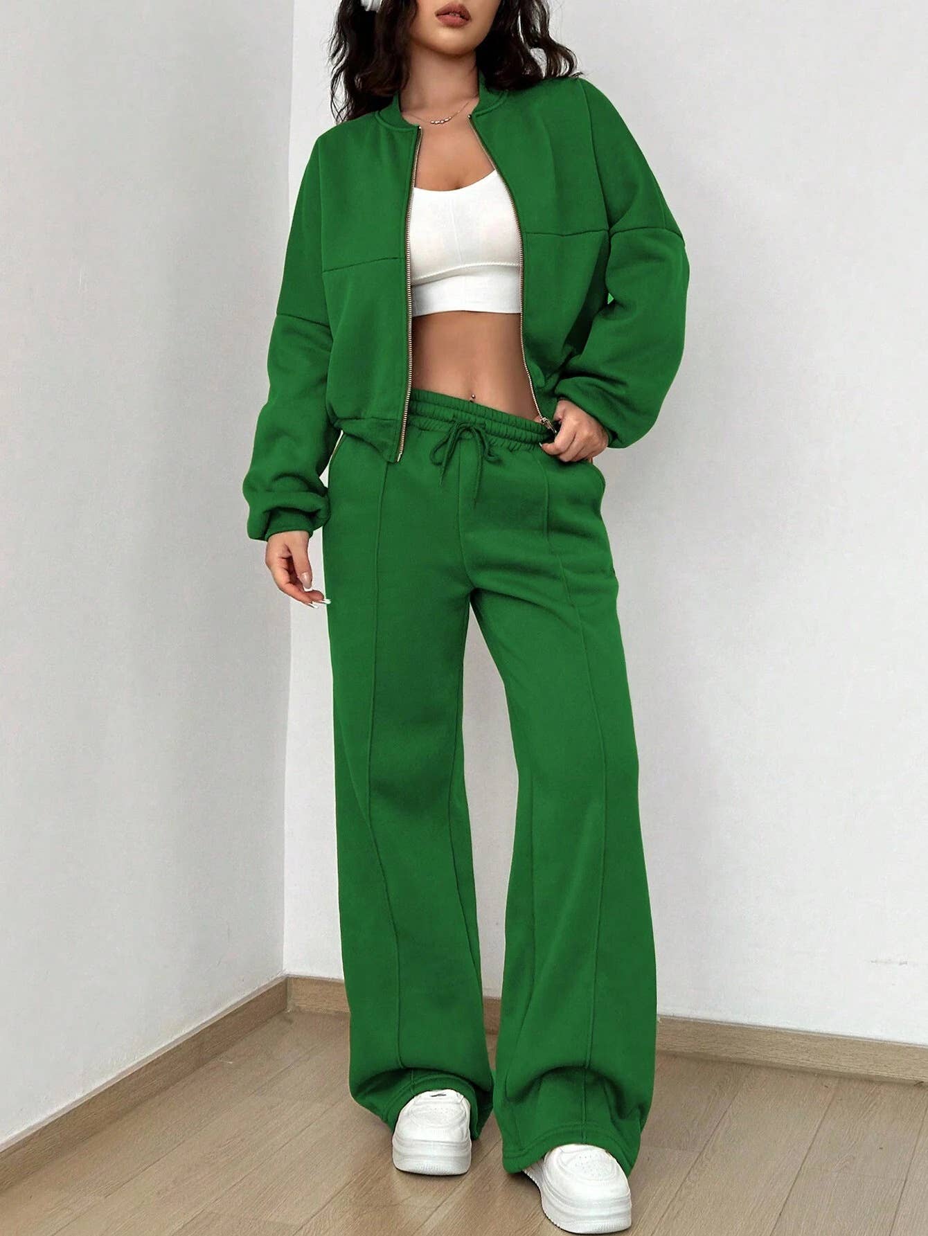 Zipper Cardigan Straight-Leg Sport Pants Set