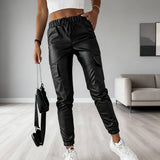 Waist-Cinching Street Drawstring Leather Pants