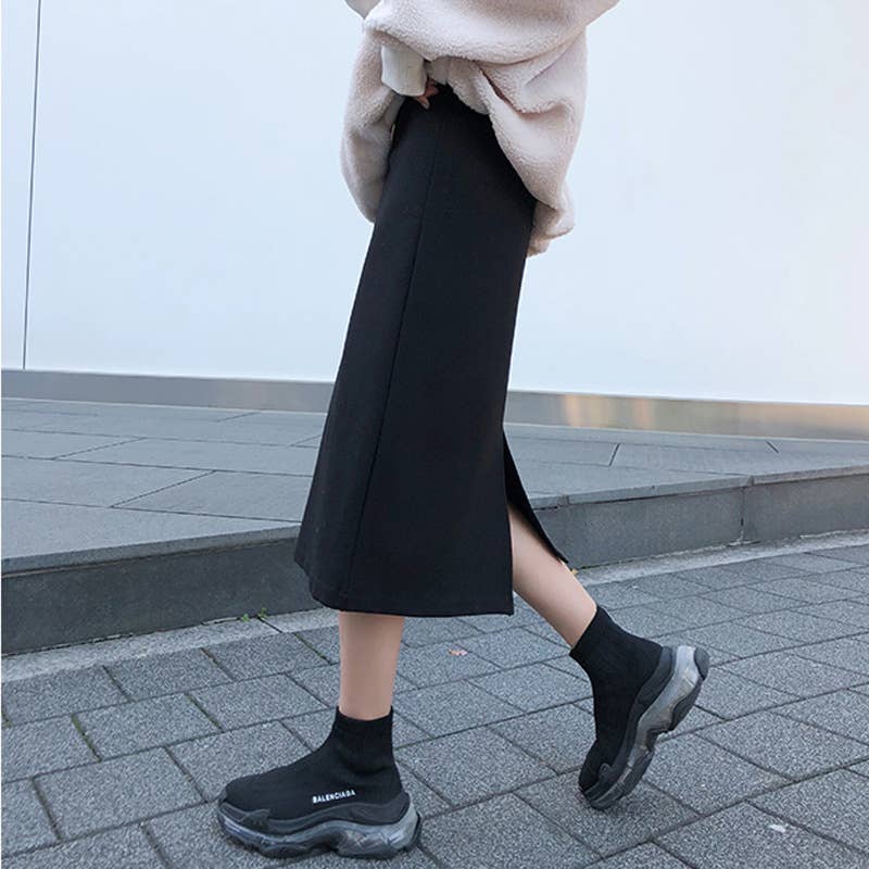 Split Woolen Long Hip Wrap Skirt