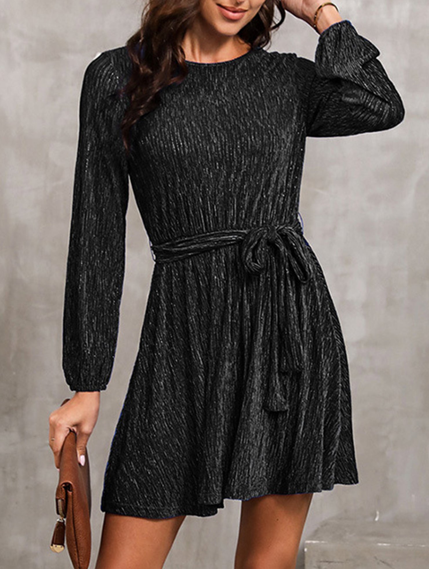 Pure color velvet long-sleeved dress